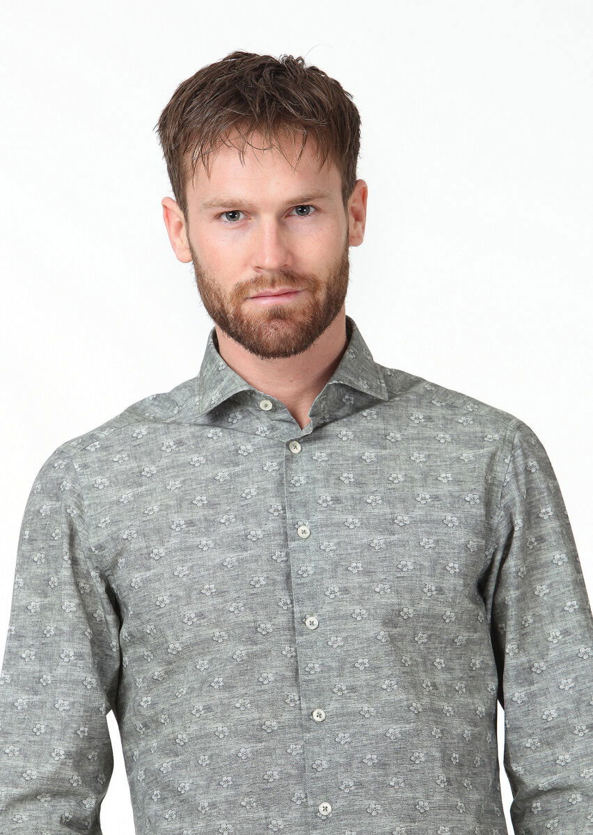 Haki Baskılı Slim Fit Dokuma Casual %100 Pamuk Gömlek - 3