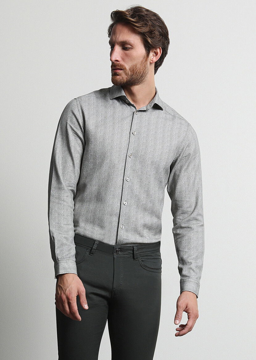 Haki Baskılı Slim Fit Dokuma Casual %100 Pamuk Gömlek - 3