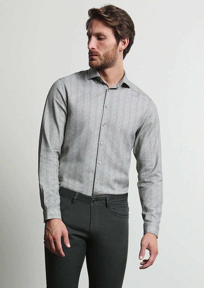Haki Baskılı Slim Fit Dokuma Casual %100 Pamuk Gömlek - 3