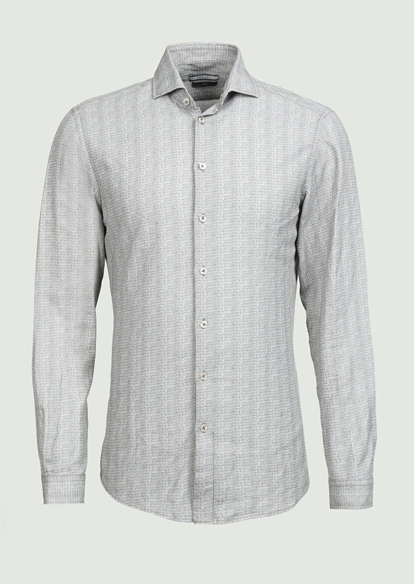 Haki Baskılı Slim Fit Dokuma Casual %100 Pamuk Gömlek - 6