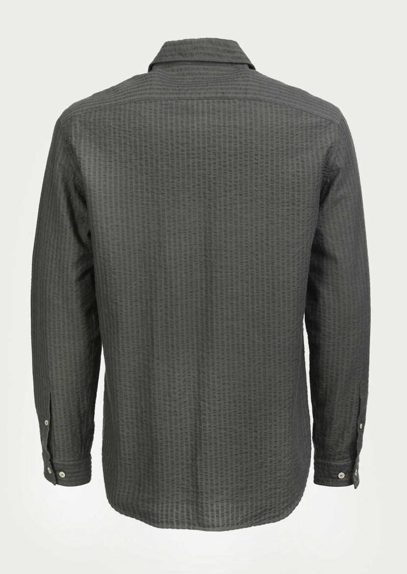 Haki Çizgili Regular Fit Dokuma Casual %100 Pamuk Gömlek - 7