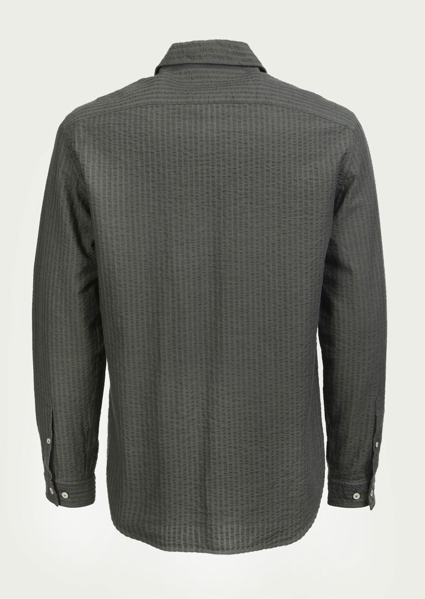 Haki Çizgili Regular Fit Dokuma Casual %100 Pamuk Gömlek - 7