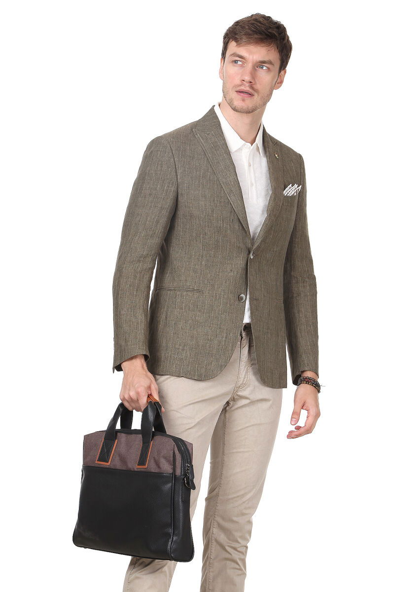 Haki Çizgili Zeroweight Slim Fit Pamuk Karışımlı Ceket - 1