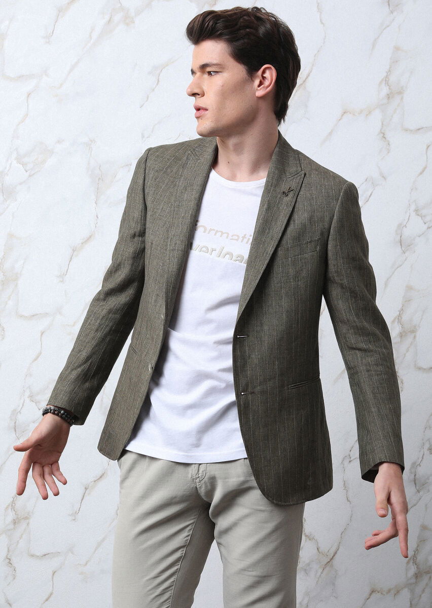Haki Çizgili Zeroweight Slim Fit Pamuk Karışımlı Ceket - 2