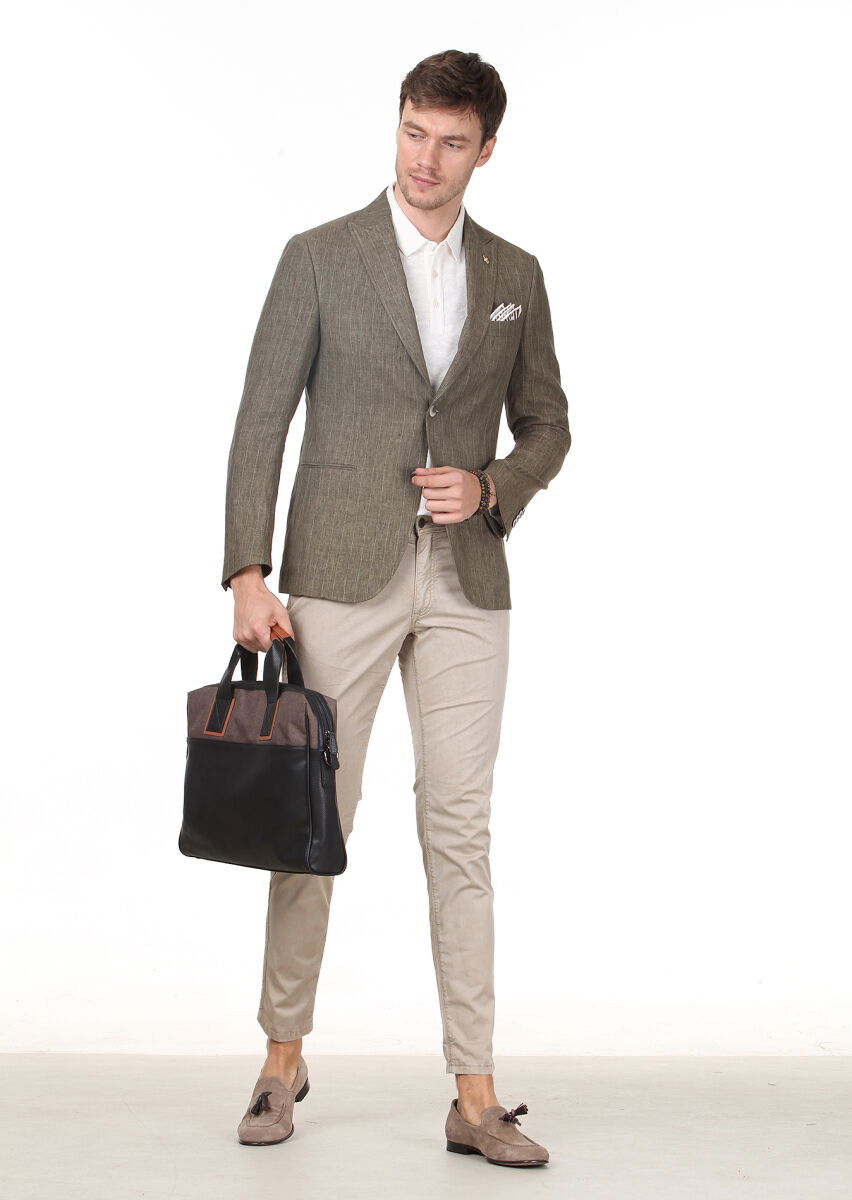 Haki Çizgili Zeroweight Slim Fit Pamuk Karışımlı Ceket - 3