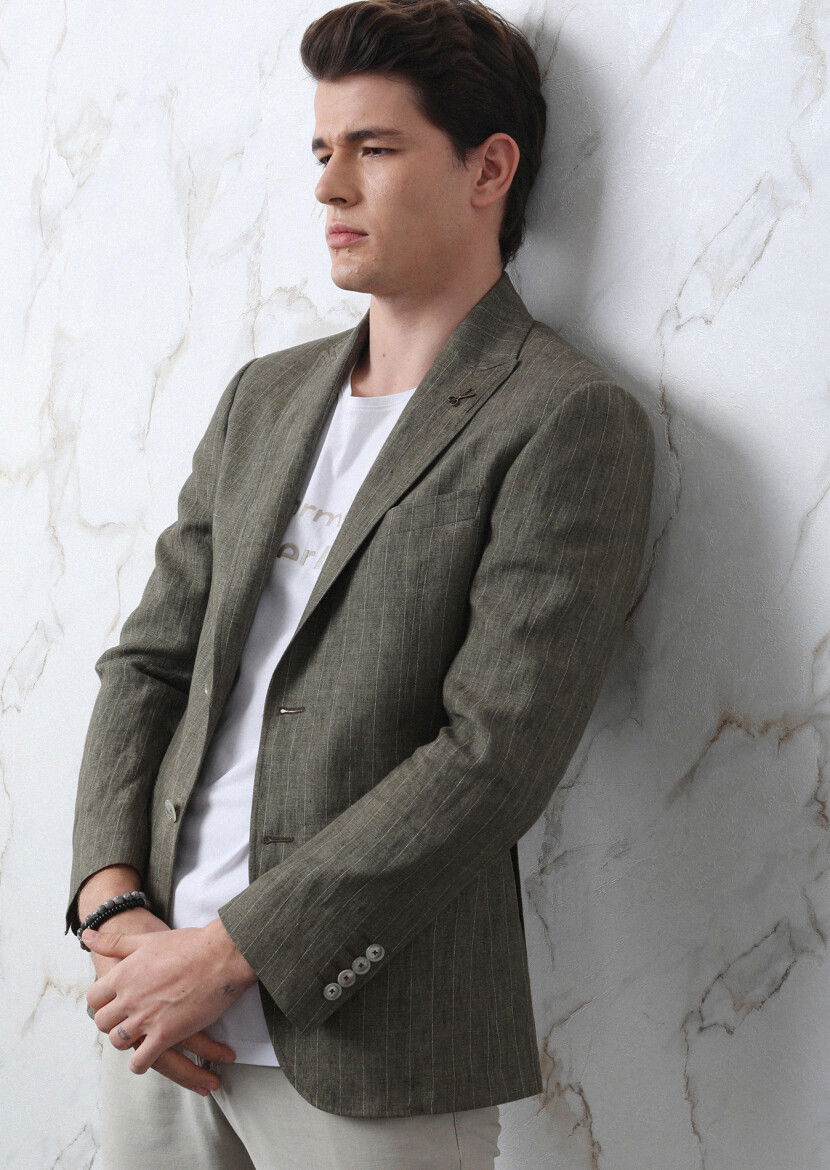 Haki Çizgili Zeroweight Slim Fit Pamuk Karışımlı Ceket - 4