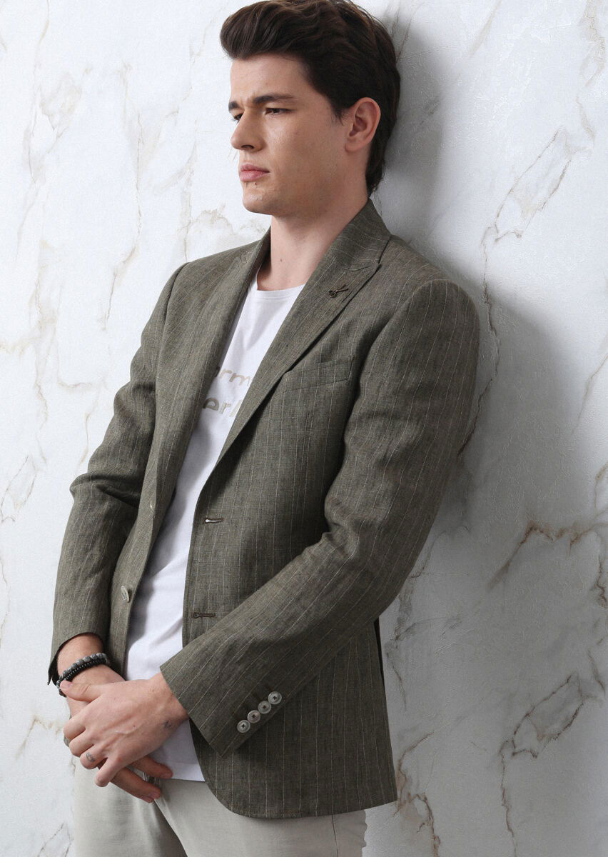 Haki Çizgili Zeroweight Slim Fit Pamuk Karışımlı Ceket - 4