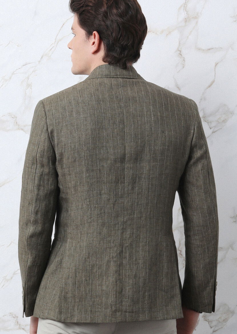 Haki Çizgili Zeroweight Slim Fit Pamuk Karışımlı Ceket - 5