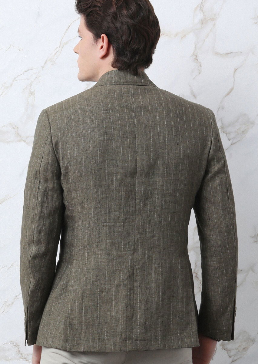 Haki Çizgili Zeroweight Slim Fit Pamuk Karışımlı Ceket - 5