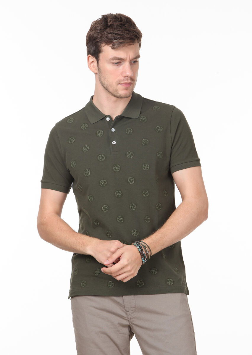 Haki Desenli Polo Yaka %100 Pamuk T-Shirt - 1