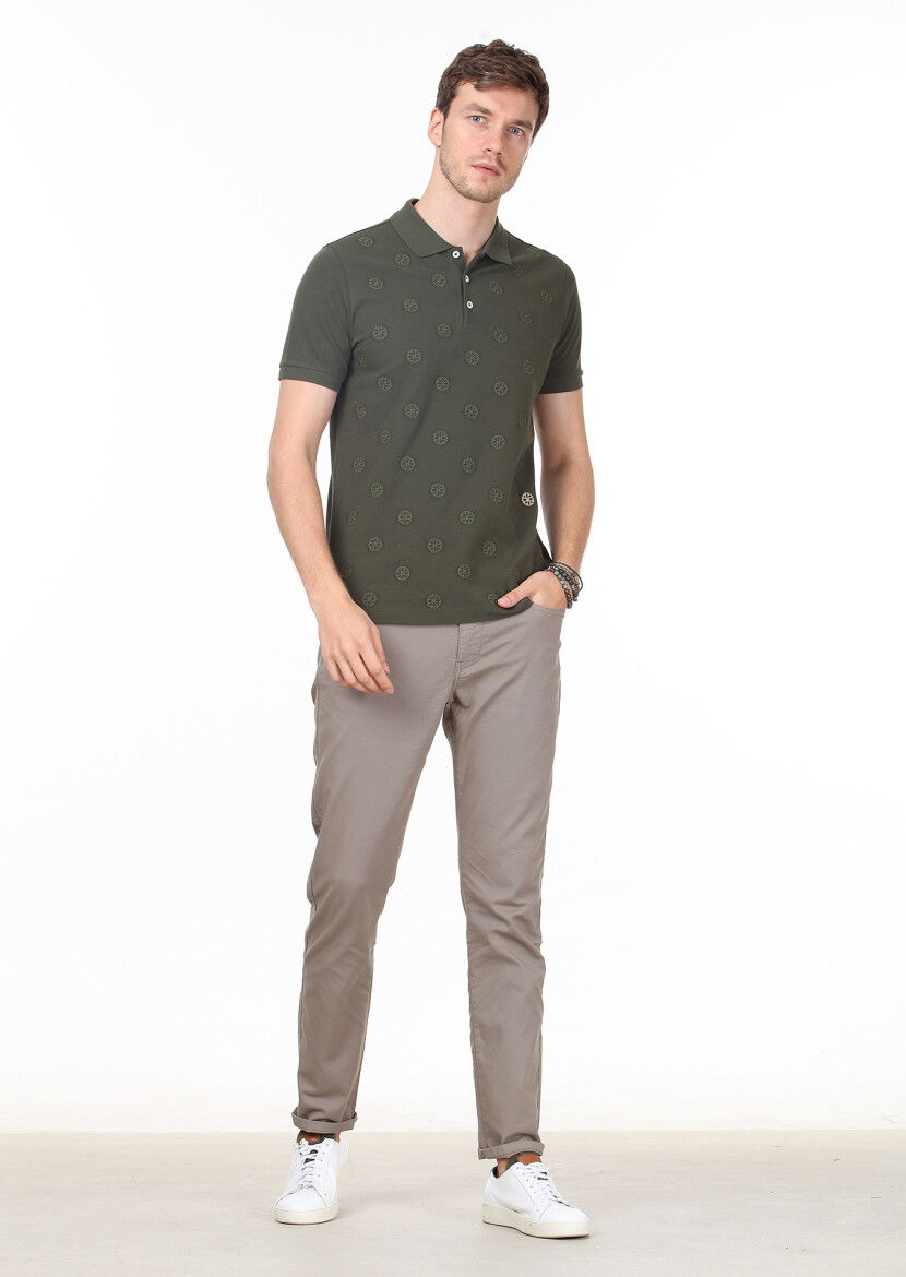 Haki Desenli Polo Yaka %100 Pamuk T-Shirt - 3