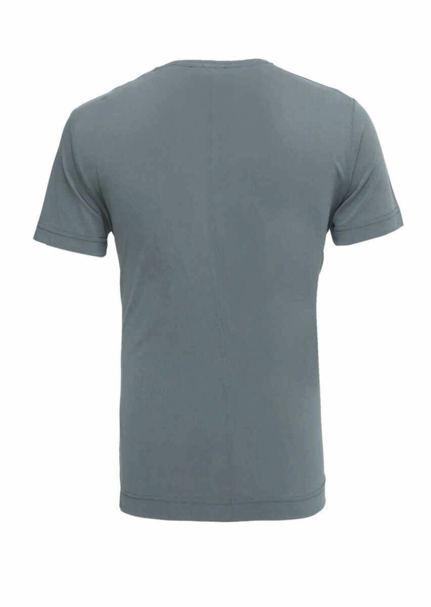 Haki Düz Bisiklet Yaka %100 Pamuk T-Shirt - 3