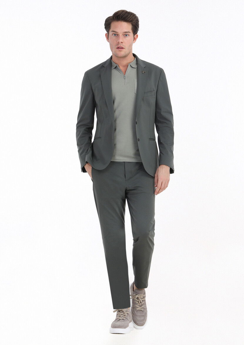 Haki Düz Comfort Fit Örme Takım Elbise - 1