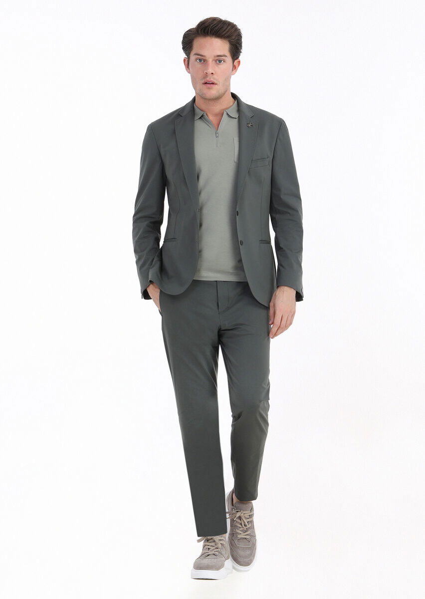 Haki Düz Comfort Fit Örme Takım Elbise - 1