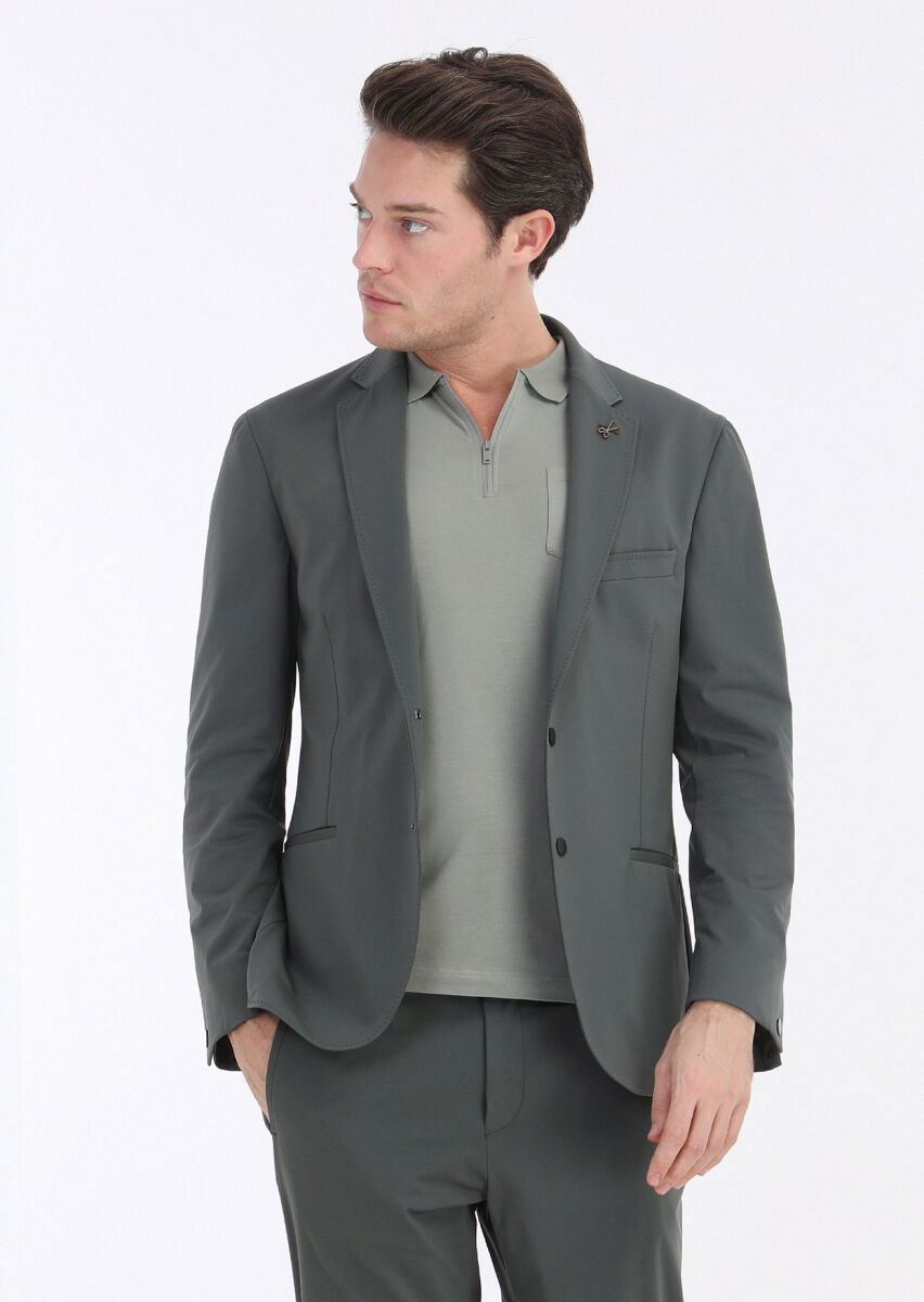 Haki Düz Comfort Fit Örme Takım Elbise - 2