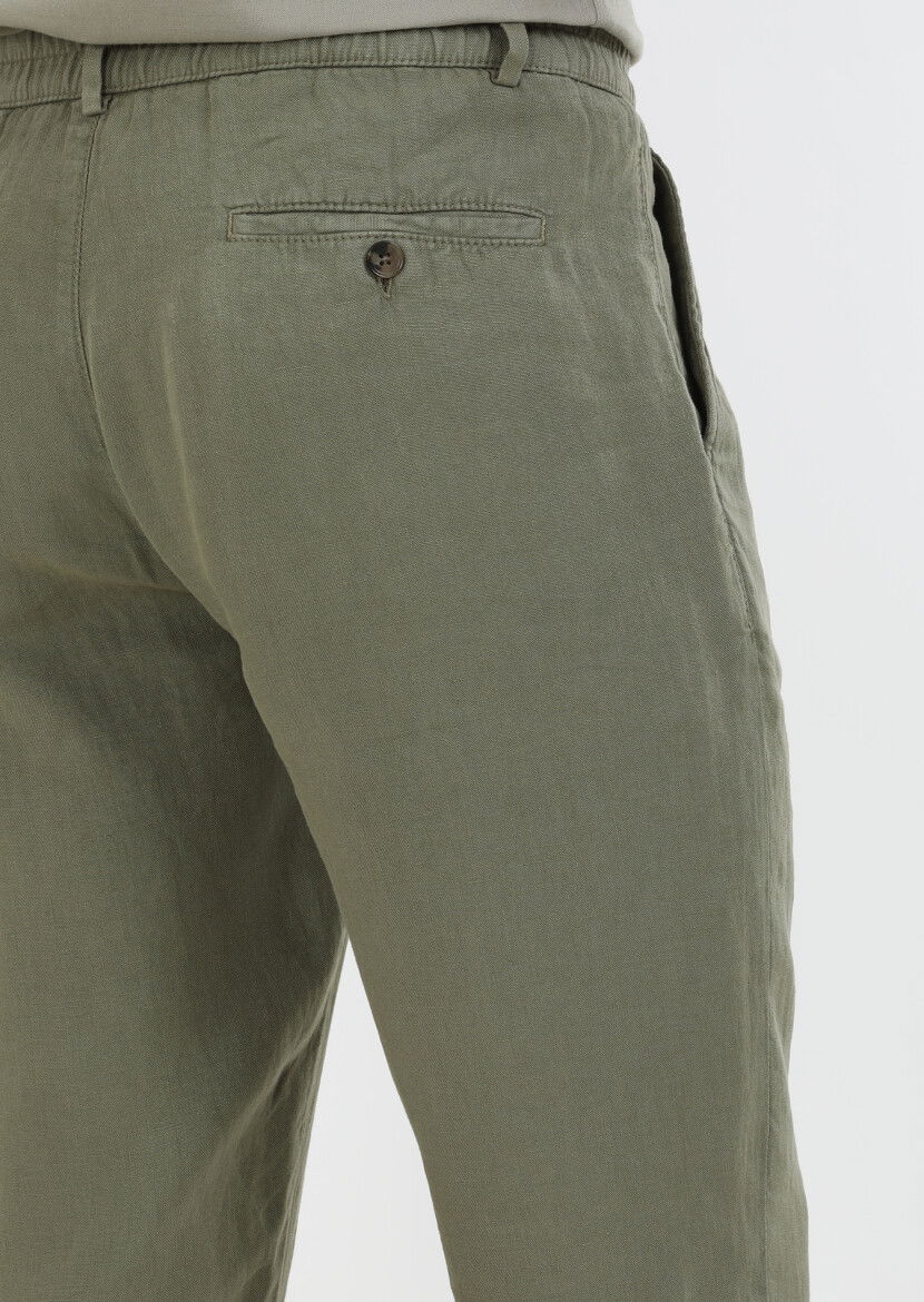 Haki Düz Dokuma Casual %100 Keten Pantolon - 6