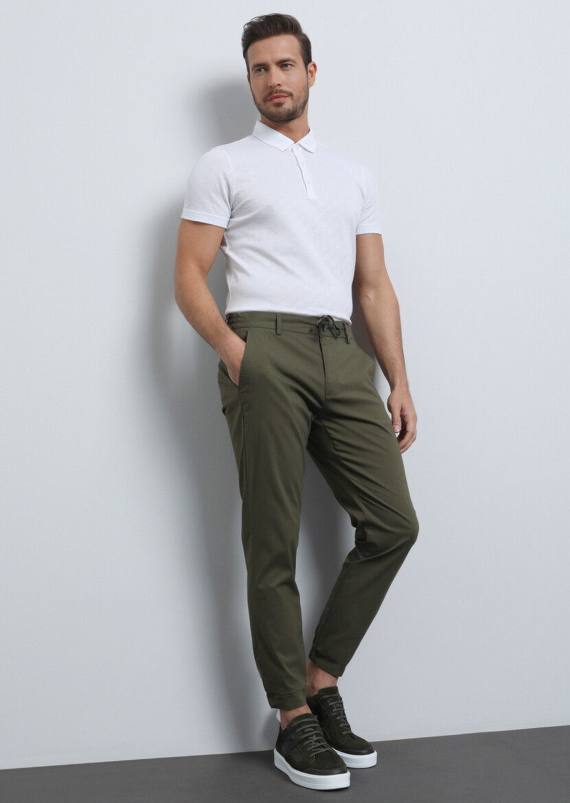 Haki Düz Dokuma Jogging Fit Casual Pamuk Karışımlı Pantolon 