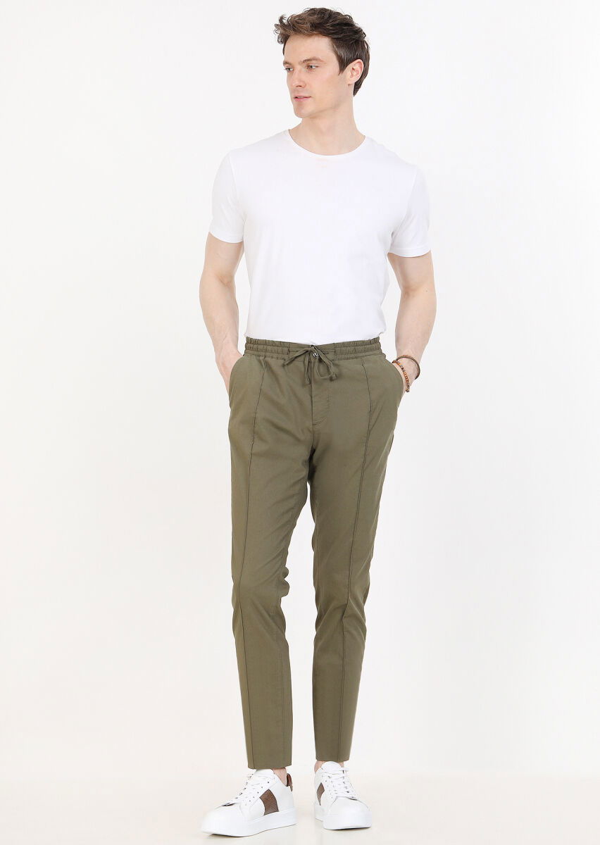 Haki Düz Dokuma Jogging Fit Casual Pamuk Karışımlı Pantolon - 1