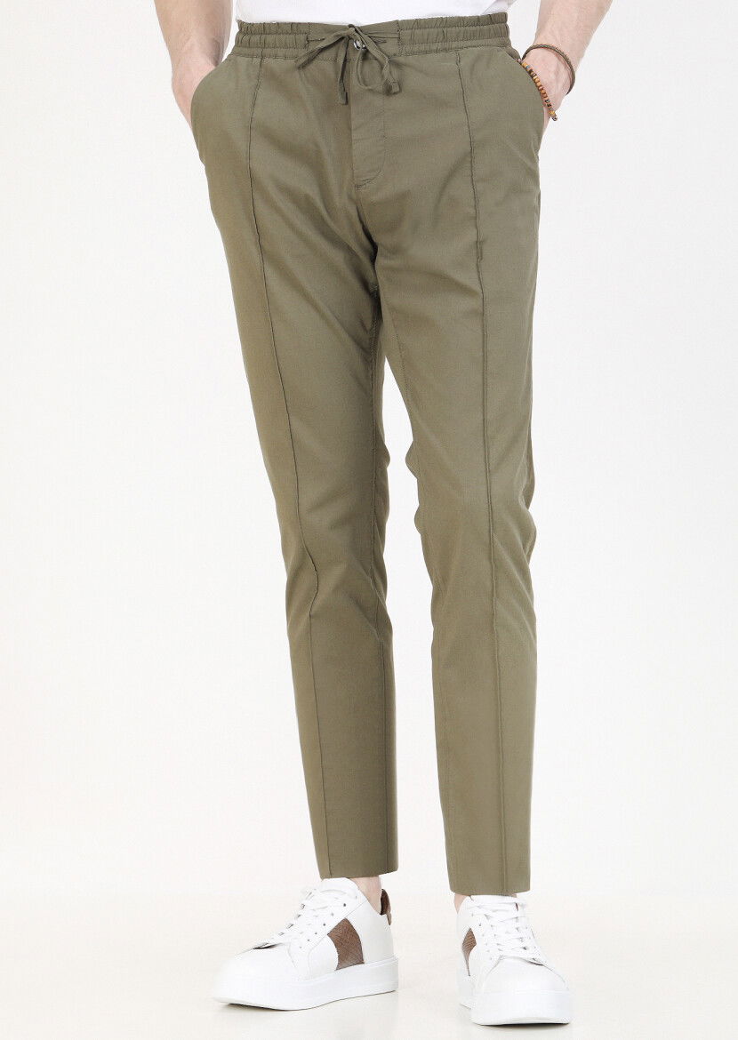 Haki Düz Dokuma Jogging Fit Casual Pamuk Karışımlı Pantolon - 2