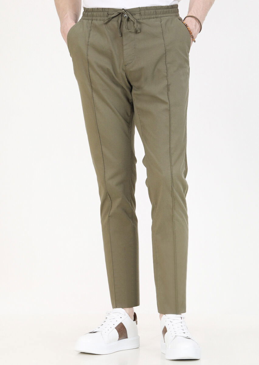 Haki Düz Dokuma Jogging Fit Casual Pamuk Karışımlı Pantolon - 2