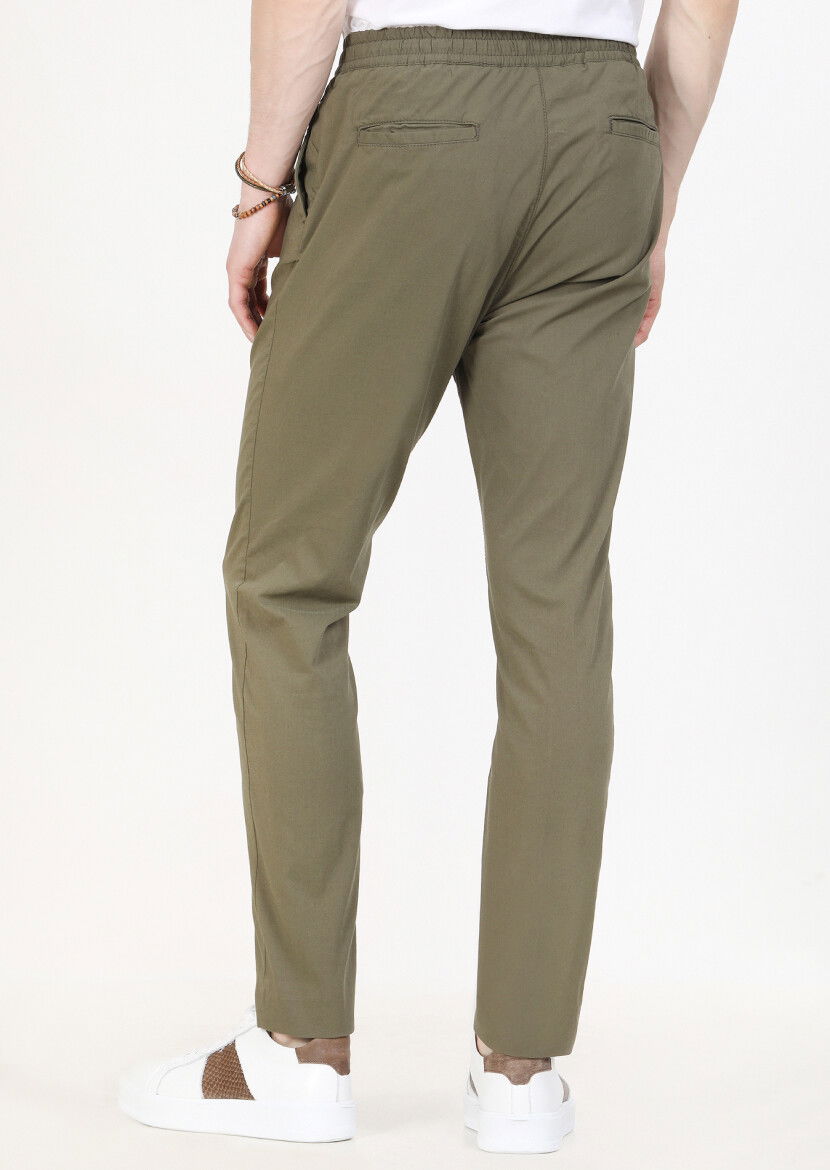 Haki Düz Dokuma Jogging Fit Casual Pamuk Karışımlı Pantolon - 5