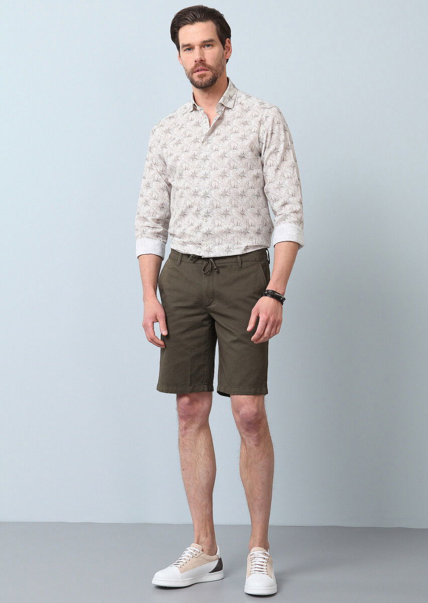 Haki Düz Dokuma Regular Fit Casual Pamuk Karışımlı Bermuda - 2
