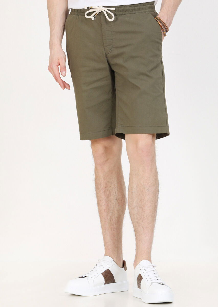 Haki Düz Dokuma Regular Fit Casual Pamuk Karışımlı Bermuda - 3