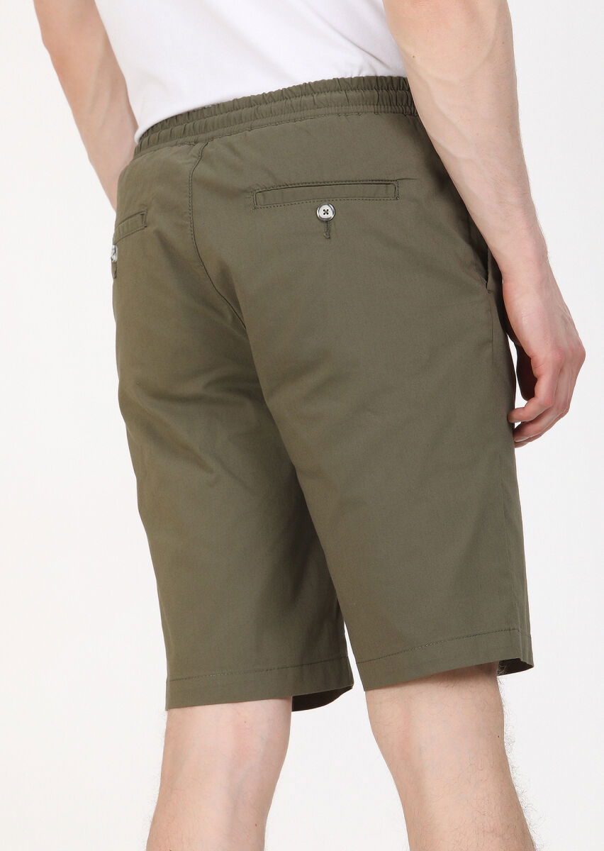 Haki Düz Dokuma Regular Fit Casual Pamuk Karışımlı Bermuda - 4