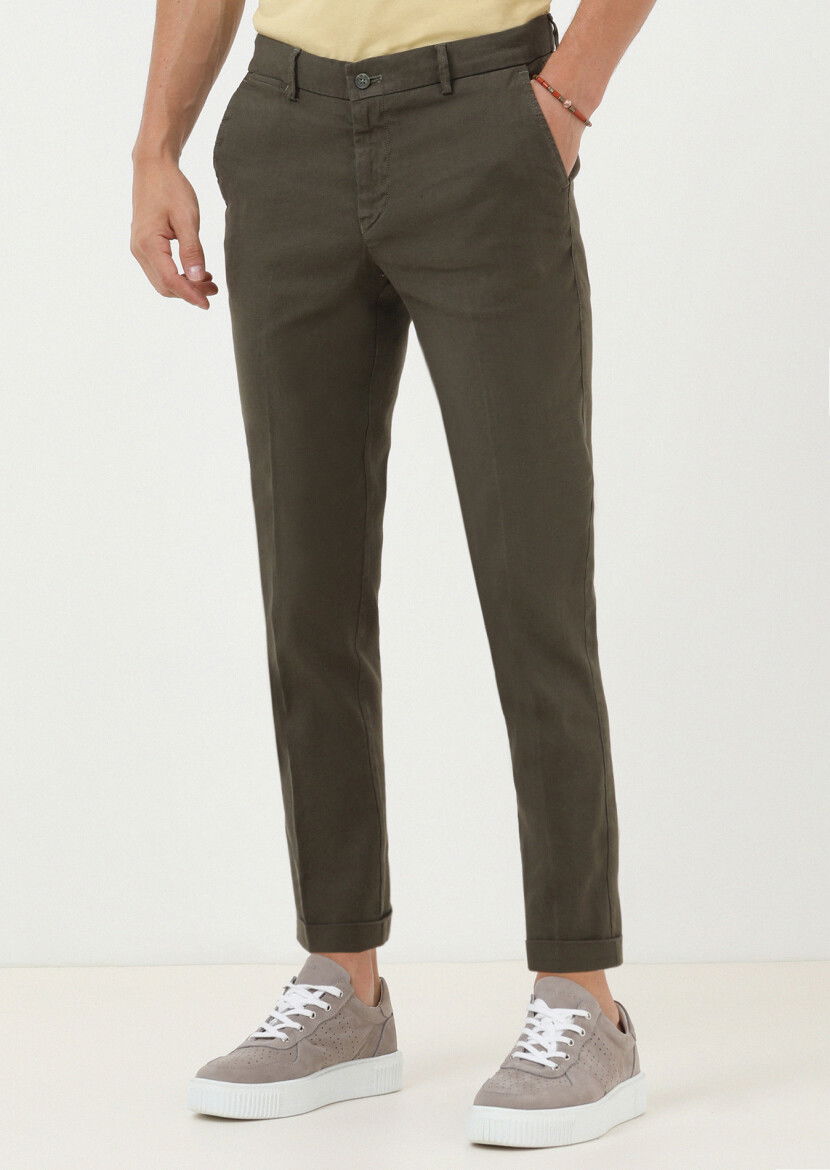 Haki Düz Dokuma Regular Fit Casual Pamuk Karışımlı Pantolon - 1