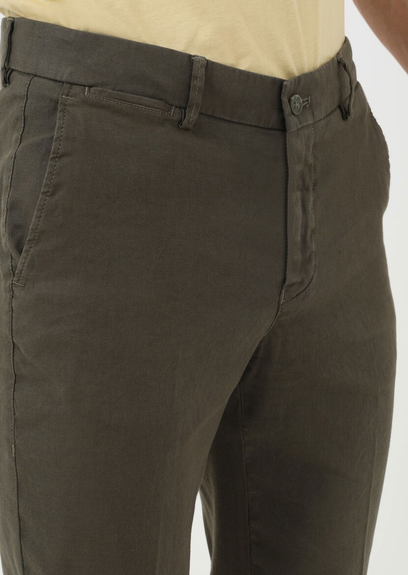 Haki Düz Dokuma Regular Fit Casual Pamuk Karışımlı Pantolon - 3