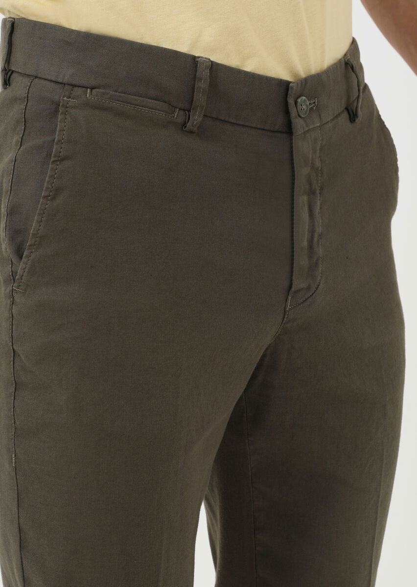 Haki Düz Dokuma Regular Fit Casual Pamuk Karışımlı Pantolon - 3