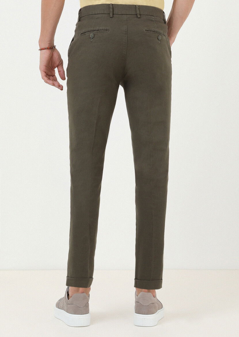Haki Düz Dokuma Regular Fit Casual Pamuk Karışımlı Pantolon - 4