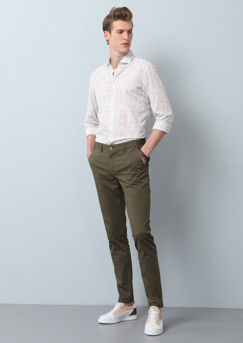 Haki Düz Dokuma Slim Fit Casual Pamuk Karışımlı Pantolon 