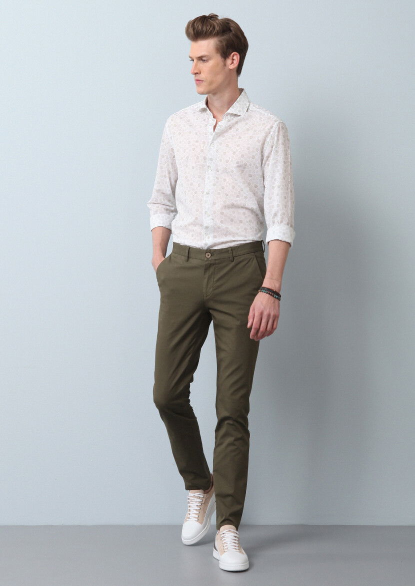 Haki Düz Dokuma Slim Fit Casual Pamuk Karışımlı Pantolon 