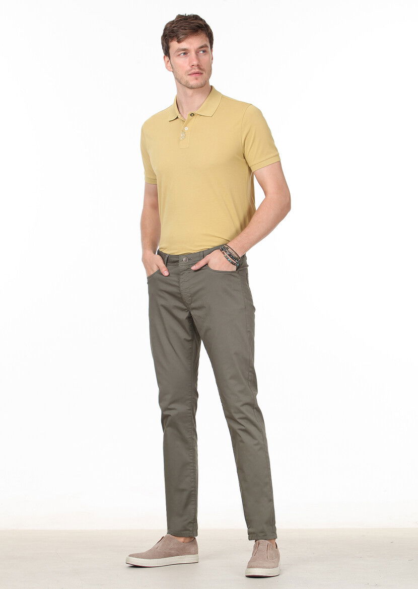 Haki Düz Dokuma Slim Fit Casual Pamuk Karışımlı Pantolon 
