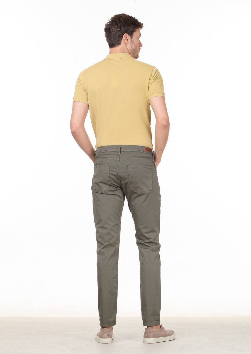 Haki Düz Dokuma Slim Fit Casual Pamuk Karışımlı Pantolon - 4