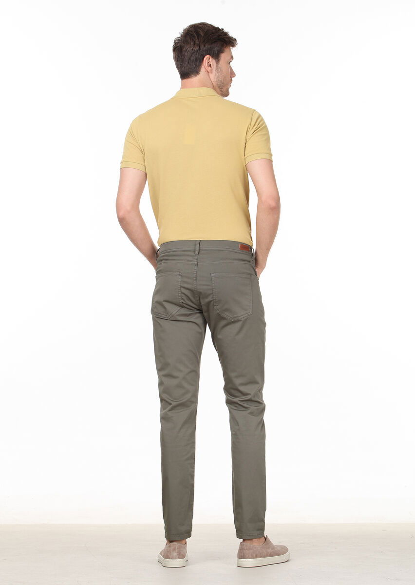 Haki Düz Dokuma Slim Fit Casual Pamuk Karışımlı Pantolon - 4