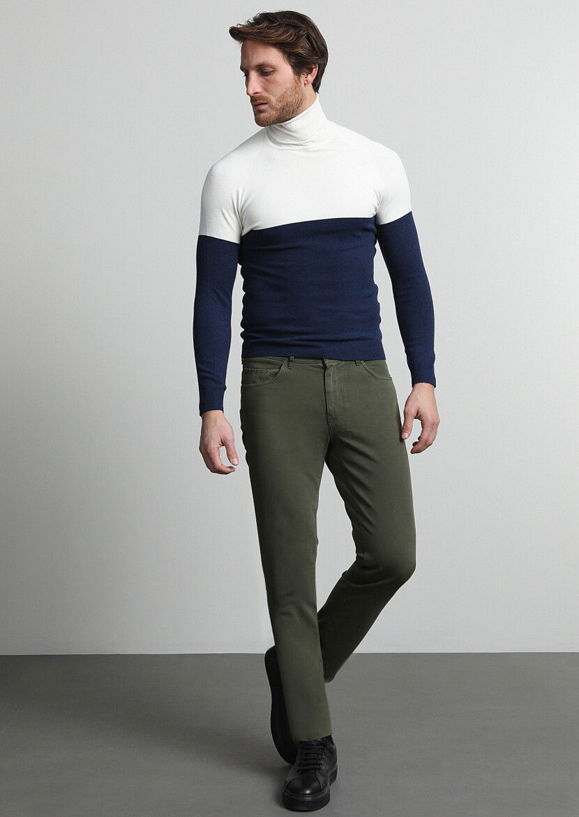 Haki Düz Dokuma Slim Fit Casual Pamuk Karışımlı Pantolon - 1
