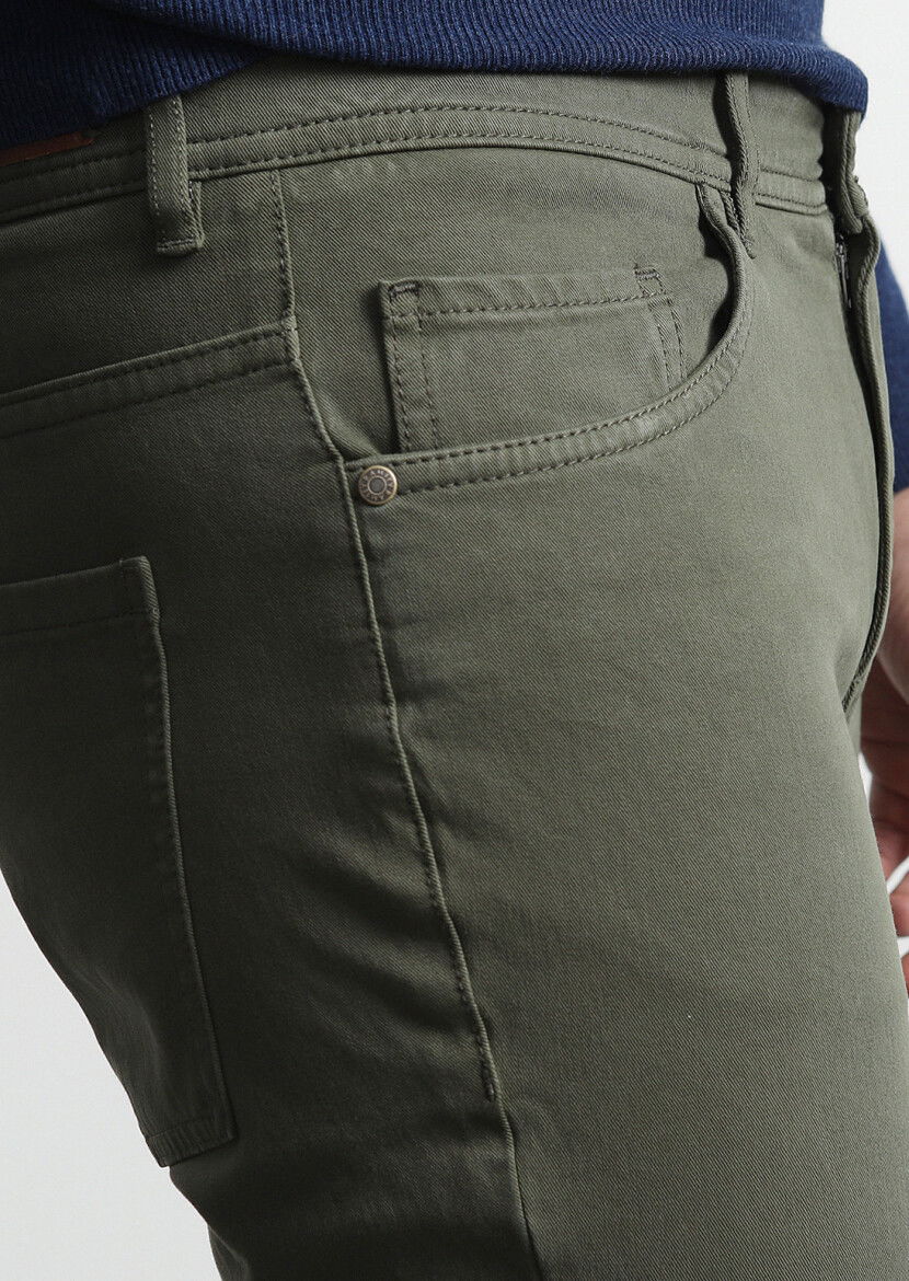 Haki Düz Dokuma Slim Fit Casual Pamuk Karışımlı Pantolon - 2