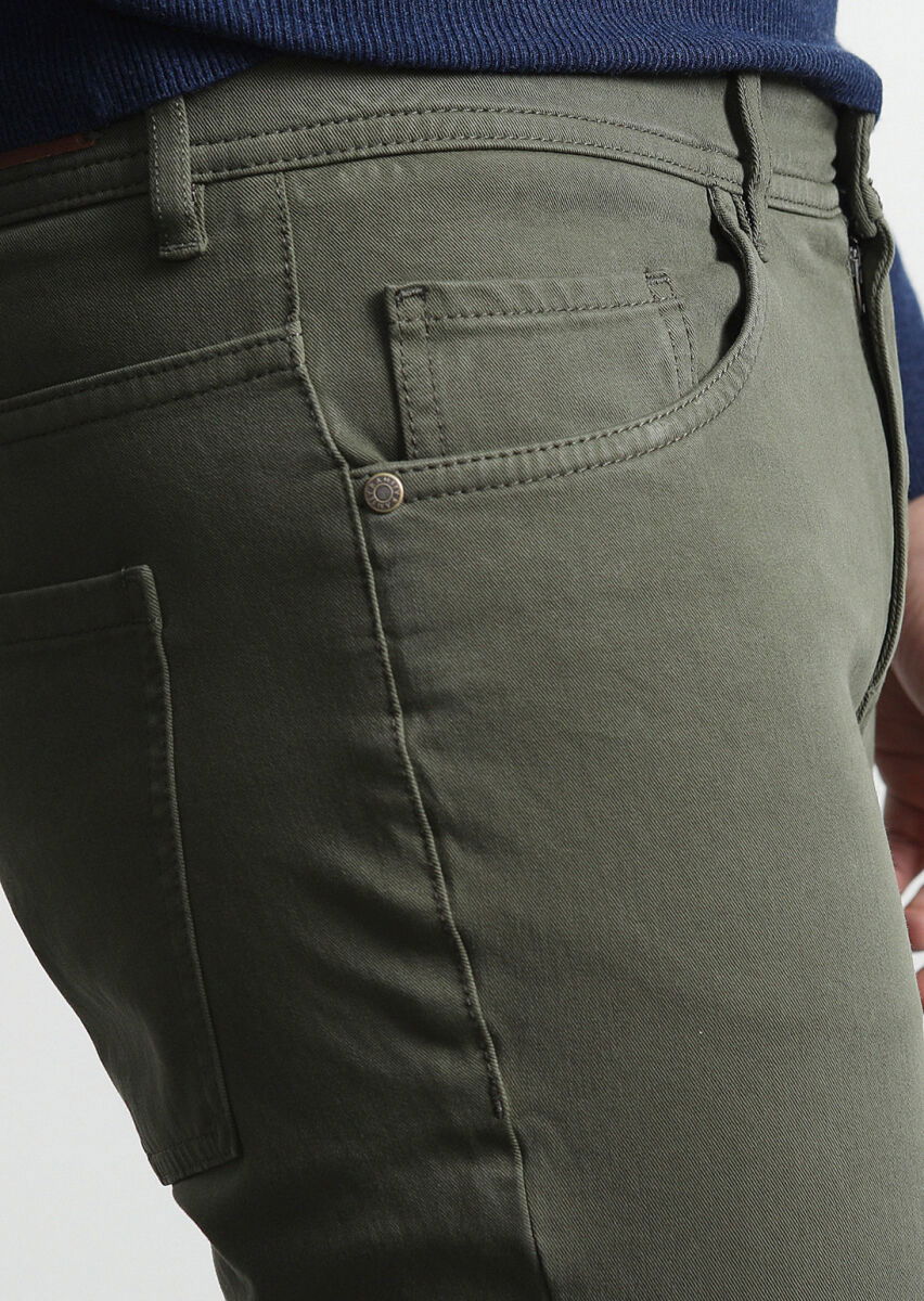 Haki Düz Dokuma Slim Fit Casual Pamuk Karışımlı Pantolon - 2