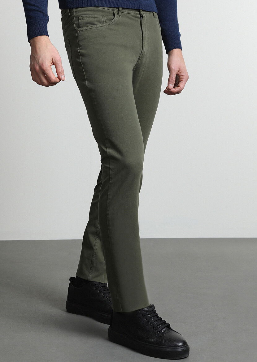 Haki Düz Dokuma Slim Fit Casual Pamuk Karışımlı Pantolon - 3