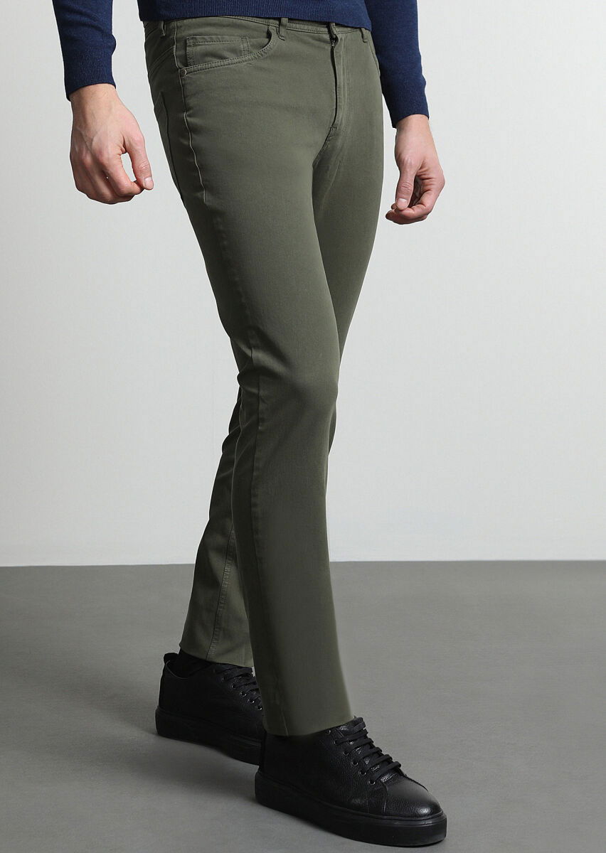 Haki Düz Dokuma Slim Fit Casual Pamuk Karışımlı Pantolon - 3