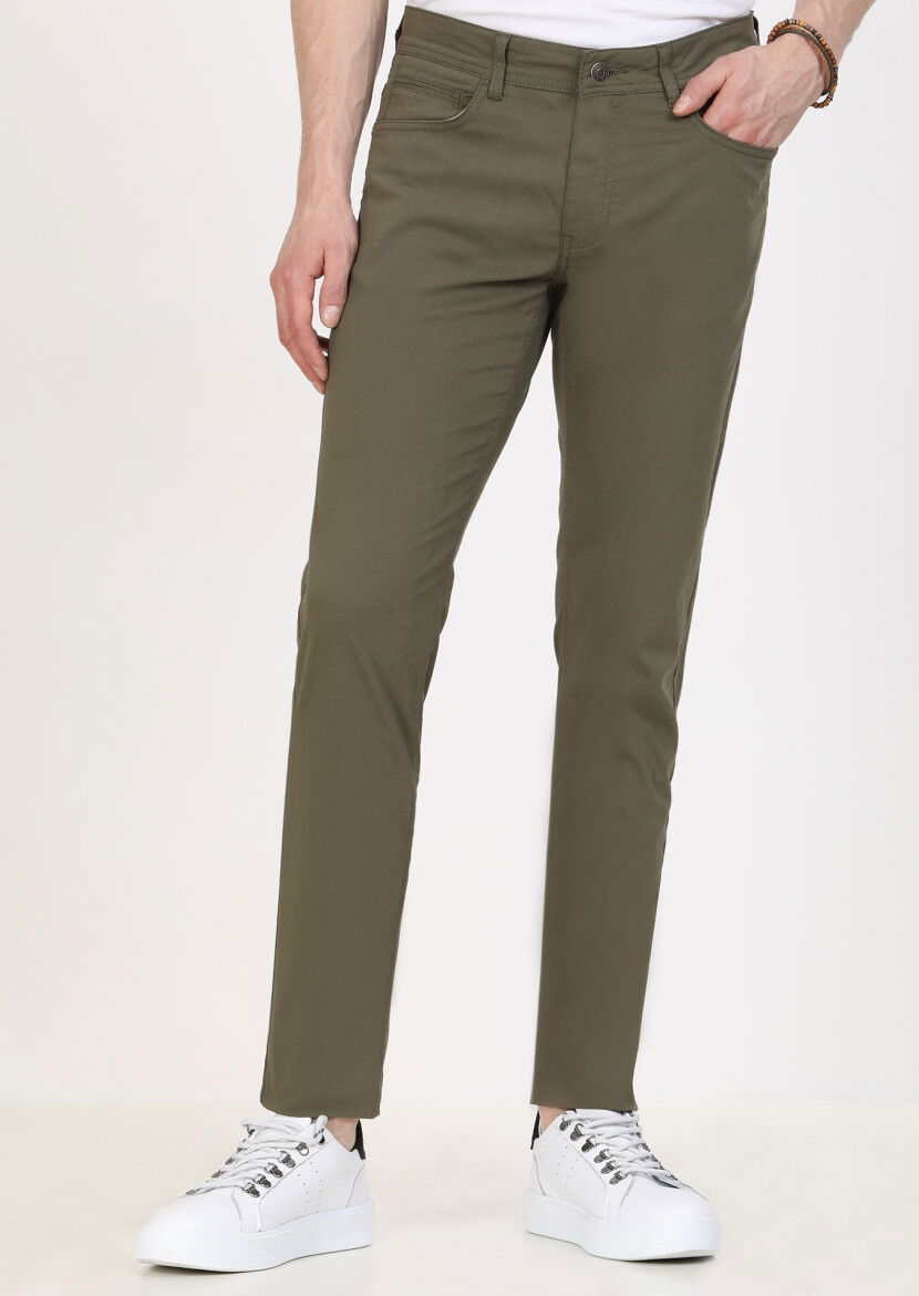 Haki Düz Dokuma Slim Fit Casual Pamuk Karışımlı Pantolon 