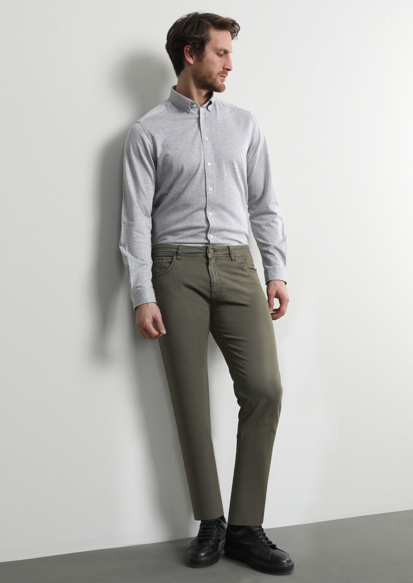 Haki Düz Dokuma Slim Fit Casual Pamuk Karışımlı Pantolon - 1