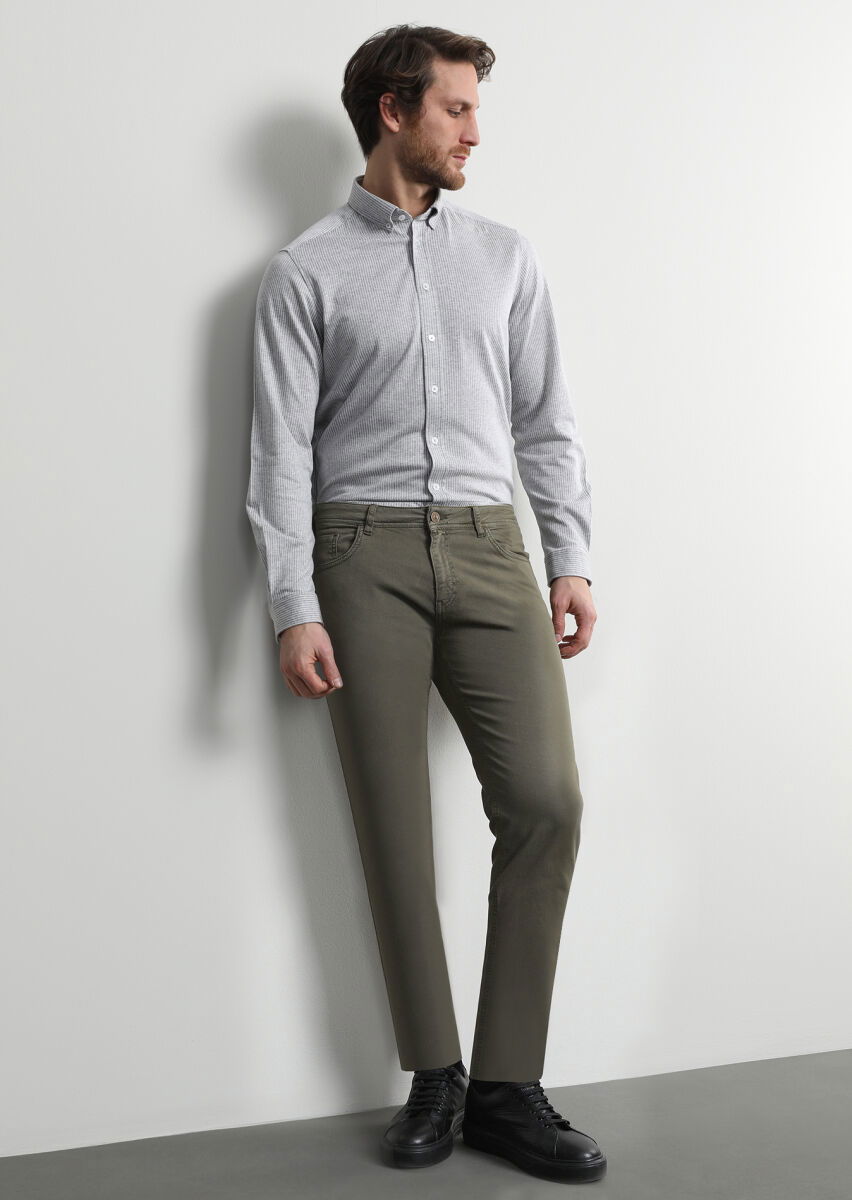 Haki Düz Dokuma Slim Fit Casual Pamuk Karışımlı Pantolon - 1