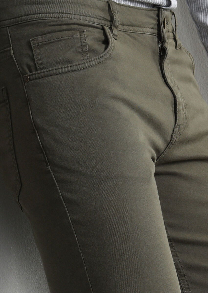 Haki Düz Dokuma Slim Fit Casual Pamuk Karışımlı Pantolon - 2