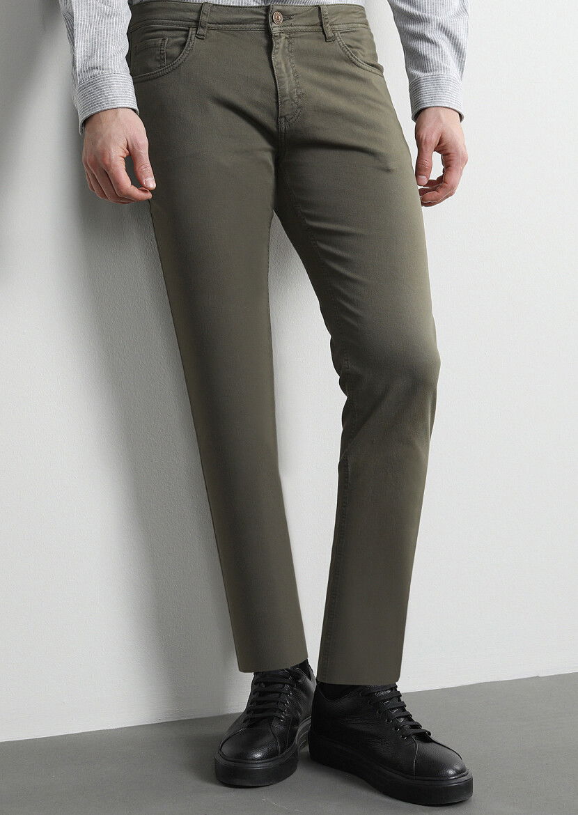 Haki Düz Dokuma Slim Fit Casual Pamuk Karışımlı Pantolon - 3
