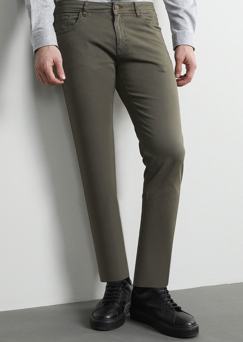 Haki Düz Dokuma Slim Fit Casual Pamuk Karışımlı Pantolon - 3