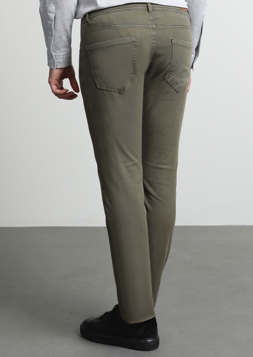 Haki Düz Dokuma Slim Fit Casual Pamuk Karışımlı Pantolon - 4