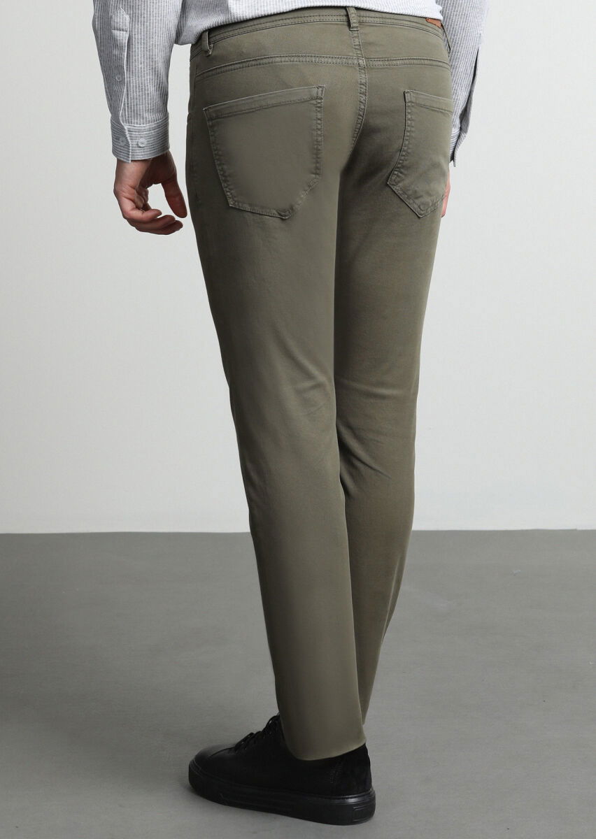 Haki Düz Dokuma Slim Fit Casual Pamuk Karışımlı Pantolon - 4